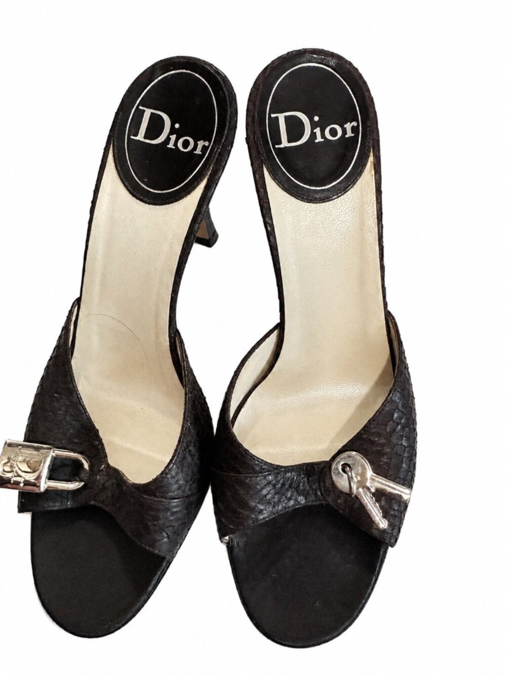 Christina Dior Black Leather Open Toe Heels